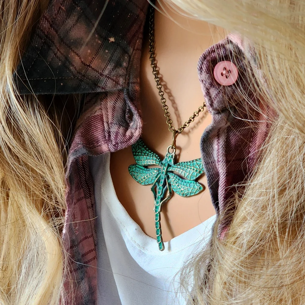 Boho Necklace Antique Gold/Bronze Green Patina Dragonfly Jewelry Pendant